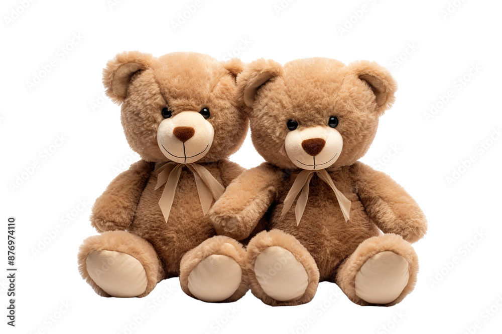 Two Adorable Brown Teddy Bears Sitting Together on a White Background on a White or Clear Surface PNG Transparent Background.