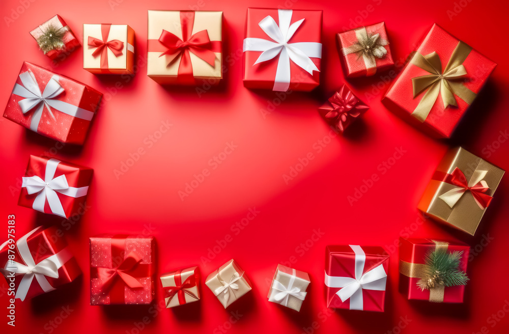 A red background with many boxes of christmas presents. Christmas concept. Collection of Christmas present boxes on a red background. Close up, copy space. Gift boxes and Christmas decorations on red A red background with many boxes of christmas presents. Christmas concept. Collection of Christmas present boxes on a red background. Close up, copy space. Gift boxes and Christmas decorations on red
