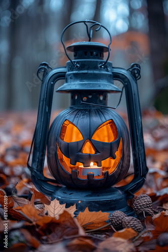 A spooky lantern with a carved pumpkin face, surrounded by fallen leaves and acorns photo