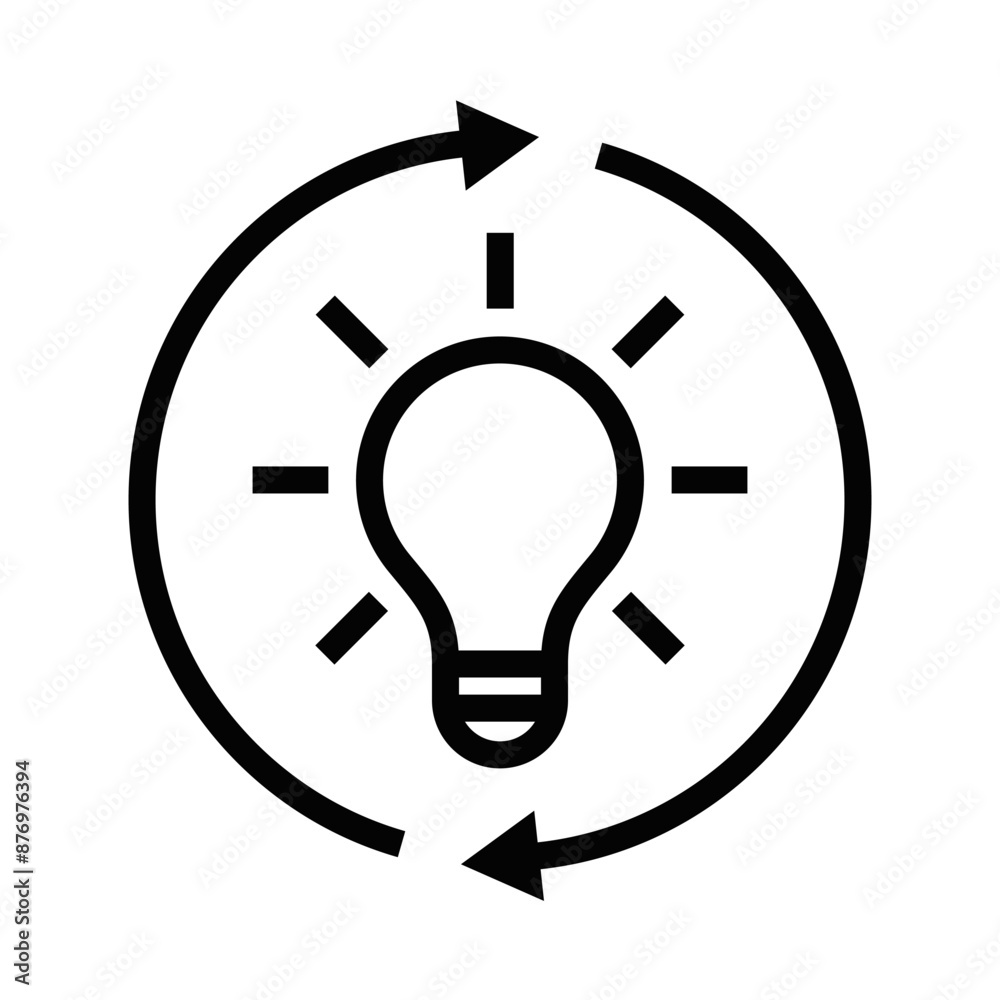 Vector icon of a light bulb surrounded by arrows, representing innovation, ideas, and creativity. Editable stroke.
