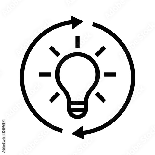 Vector icon of a light bulb surrounded by arrows, representing innovation, ideas, and creativity. Editable stroke.