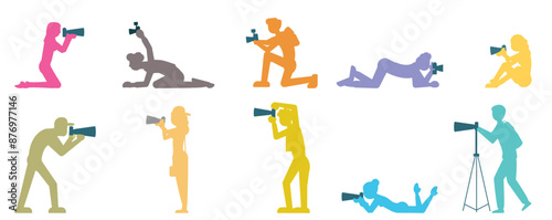 Paparazzi, photographer, reporter, journalist and amateur cameraman colorful silhouette vector illustration set. Male and female person making professional photo enjoying hobby or job occupation