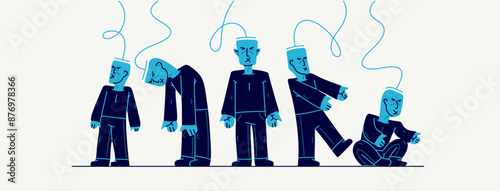 Social zombies vector concept, matrix and mind control, psychological dictatorship and totalitarian society and state, tyranny and restrictions, killing individuality.