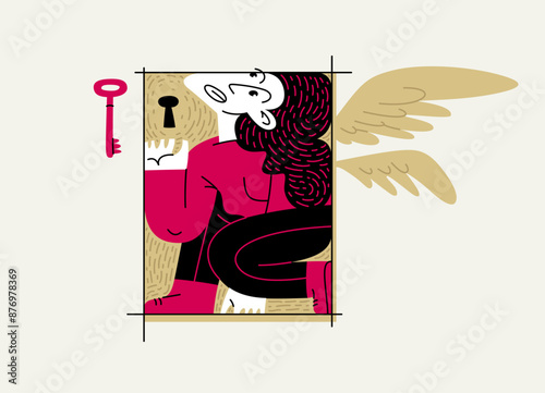 Woman is locked in a rectangular frame, social and cultural restrictions concept, vector illustration of a girl in uncomfortable pose is locked in her mind barriers with imaginary wings.