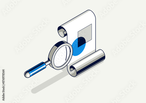 Engineer education concept, engineering project draft plan drawing in progress, learning study student in college, vector 3D isometric icon or logo with paper blueprint and magnifier.
