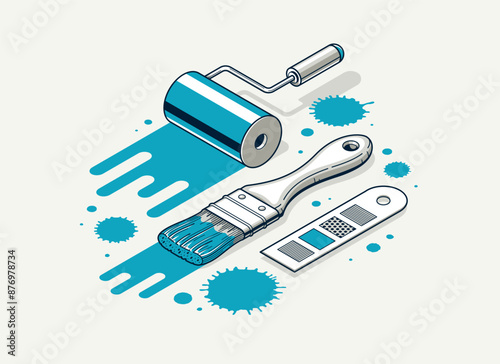 Artist decorator concept, 3D vector brush and splatters metaphor of interior decoration, or facade exterior art mural, interior designer work.