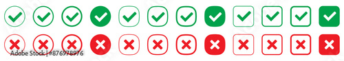 Right or wrong icons. Green tick and red cross checkmarks. Yes or no symbol, approved or rejected icon for user interface.