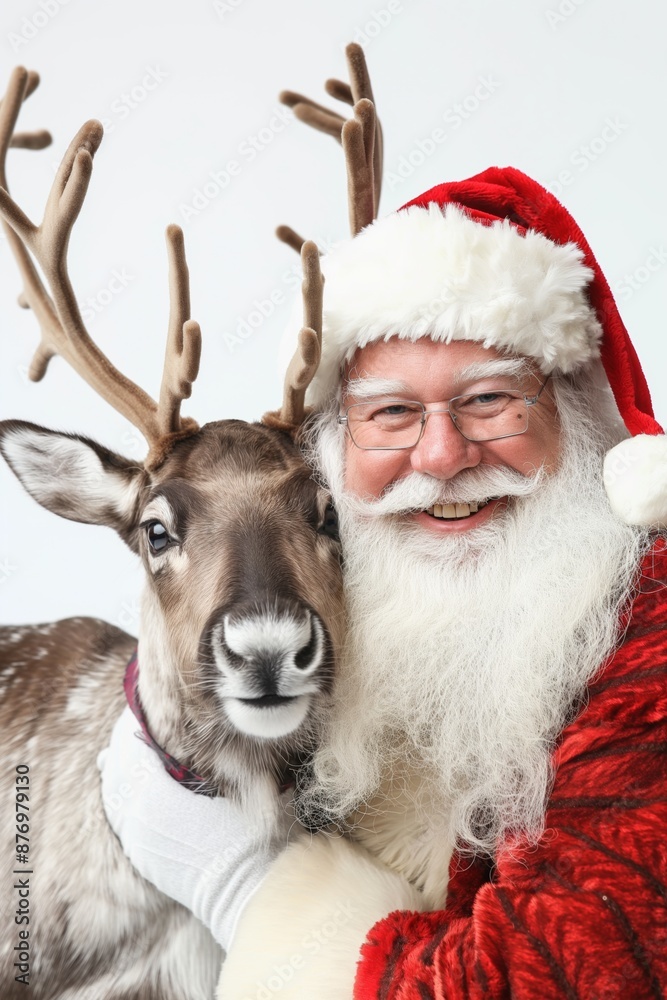 A man in a red Santa suit is holding a deer. The deer has antlers and is wearing a collar. The man is smiling and he is happy A man in a red Santa suit is holding a deer. The deer has antlers and is wearing a collar. The man is smiling and he is happy