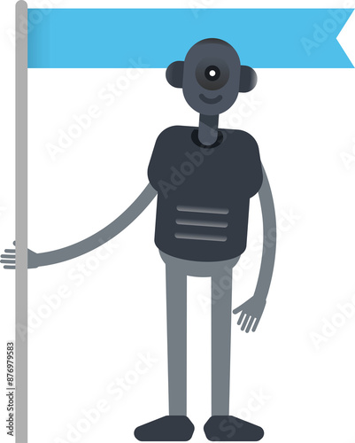 Robot Character Holding Flag Pole 