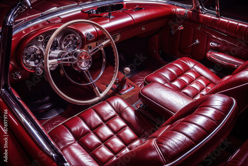 Detail of maroon leather interior old car steering wheel speedometer photo