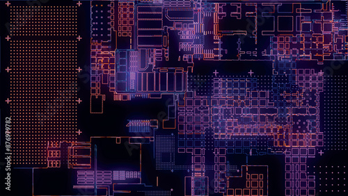 Printed circuit board. Visualization of advanced technology concept: PCB processor microchip, digitization of neural networks and cloud computing. Digital lines transmit data. Vector illustration.