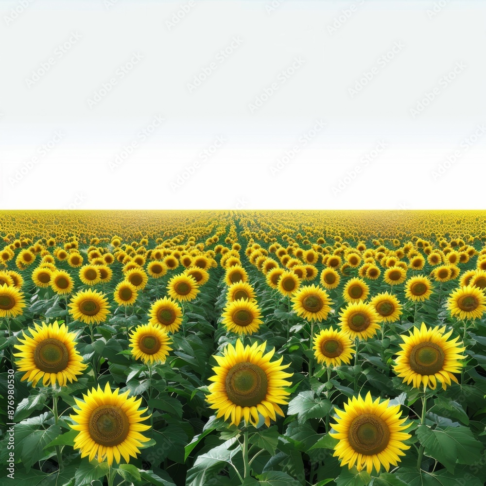 Obraz premium Radiant Sunflowers Blooming - Realistic Illustration of Vibrant Yellow Flowers in a Field, Nature Scenery on White Background