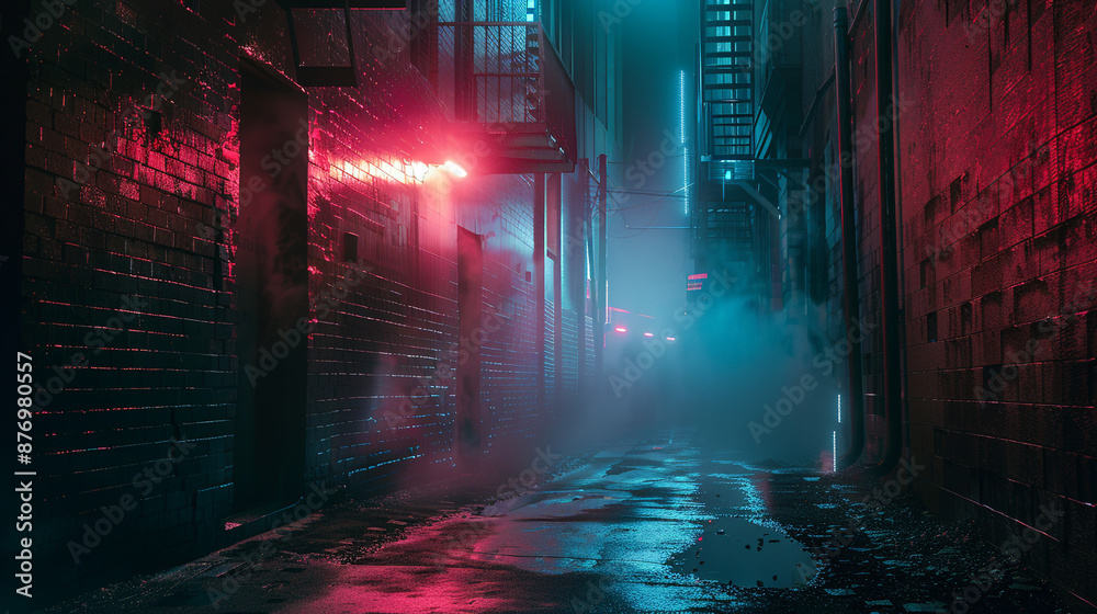 A cinematic scene of urban noir with neon lights illuminating the foggy alleyways. A cinematic scene of urban noir with neon lights illuminating the foggy alleyways.