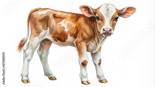 Adorable realistic watercolor illustration of a baby cow calf isolated on a clean white background with vivid colors. photo