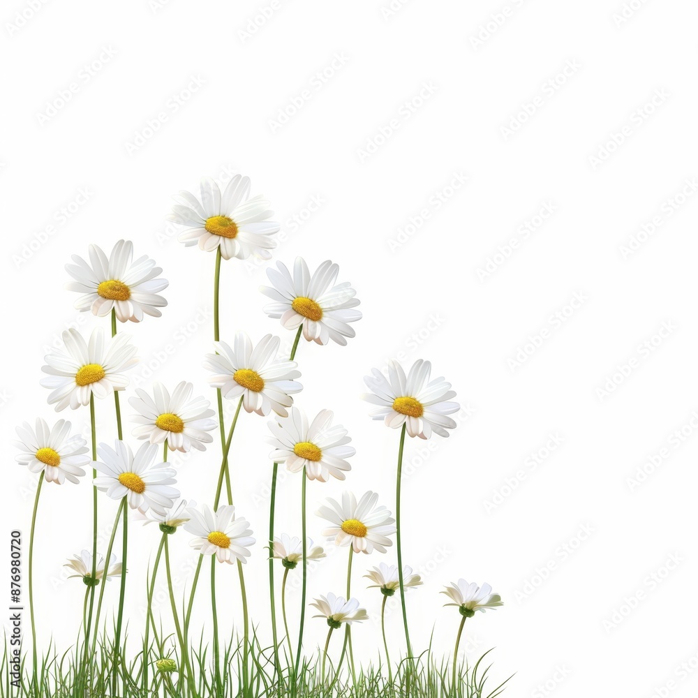 Blooming Daisies in Spring Meadow Vector Art on White Background - Floral Scene with Yellow and White Flowers Blooming Daisies in Spring Meadow Vector Art on White Background - Floral Scene with Yellow and White Flowers