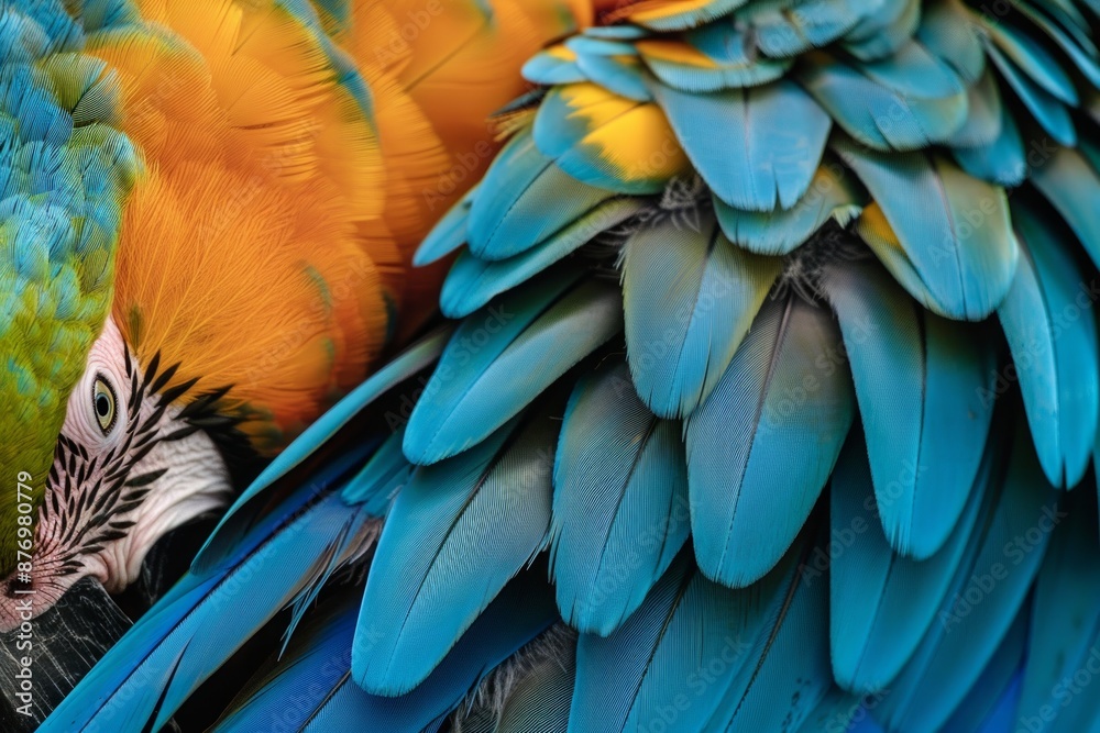 Fototapeta premium The blue feathers and beautiful luster of the golden parrot( macaw )