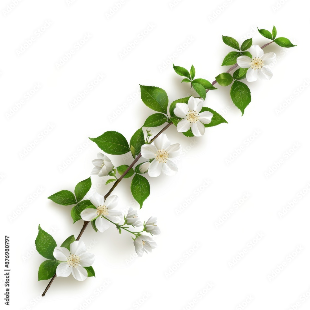 Delicate Blooming Jasmine Flowers on Vine in Realistic Illustration with White Background - Nature Scenery Delicate Blooming Jasmine Flowers on Vine in Realistic Illustration with White Background - Nature Scenery