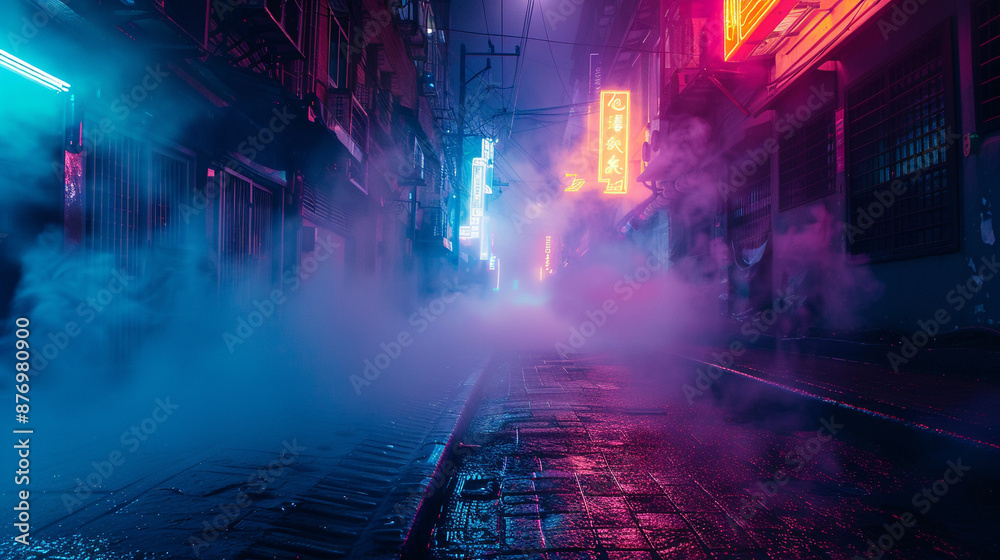 A hauntingly beautiful scene of a deserted street bathed in neon light amidst swirling night smog.