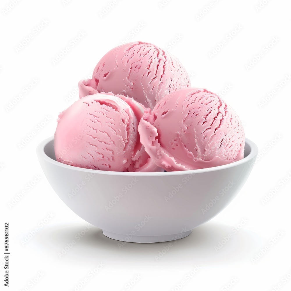 Sweet Strawberry Ice Cream Scoops in Bowl - Realistic Style Bright Pink Dessert Isolated on White Background Sweet Strawberry Ice Cream Scoops in Bowl - Realistic Style Bright Pink Dessert Isolated on White Background