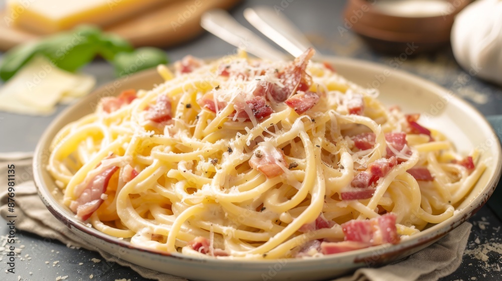 A plate of traditional Italian spaghetti carbonara with creamy sauce, pancetta, and grated cheese. A plate of traditional Italian spaghetti carbonara with creamy sauce, pancetta, and grated cheese.