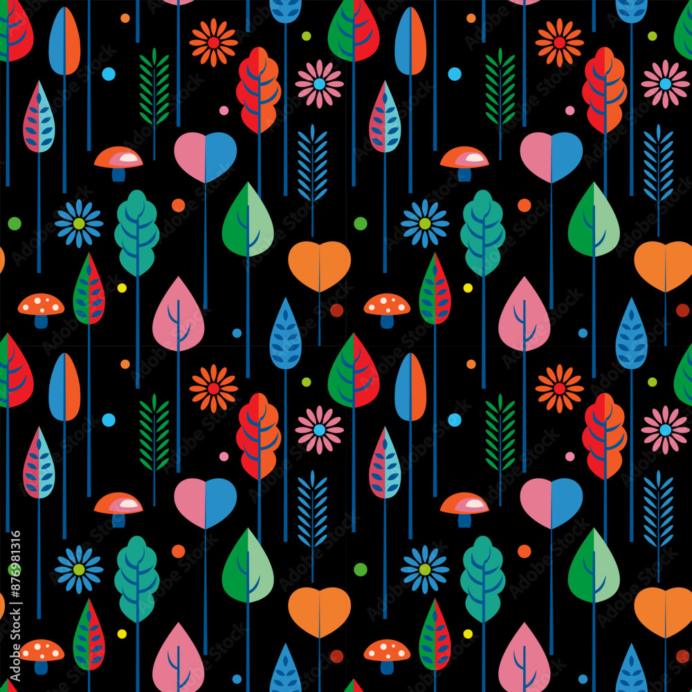 seamless pattern, pattern for fabric with stylized trees and flowers in retro style, vector seamless pattern, pattern for fabric with stylized trees and flowers in retro style, vector