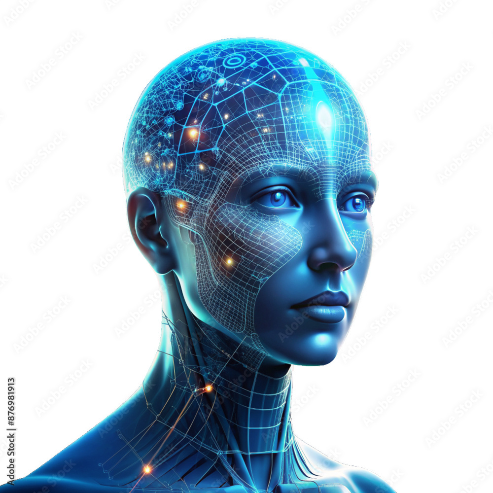 Obraz premium Concept Artificial intelligence . futuristic digital technology human and robot face close up, digital smart world metaverse concept isolated on white background