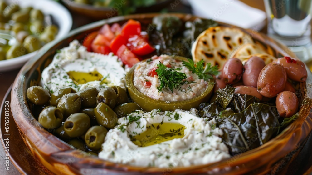 A platter of Greek mezze appetizers, including tzatziki, hummus, olives, and stuffed grape leaves. A platter of Greek mezze appetizers, including tzatziki, hummus, olives, and stuffed grape leaves.