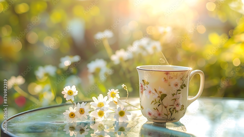 Beautiful porcelain coffee cup with white flowers on glass table in summer garden in sunlight Beautiful porcelain coffee cup with white flowers on glass table in summer garden in sunlight