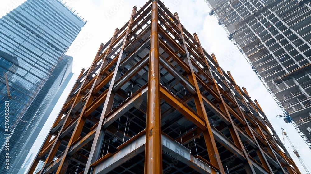 High-rise building in progress, advanced construction techniques, steel beams forming the skeleton of the structure, dynamic urban setting High-rise building in progress, advanced construction techniques, steel beams forming the skeleton of the structure, dynamic urban setting
