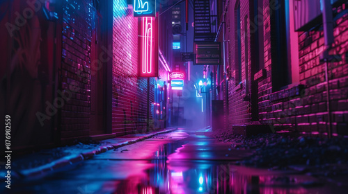 Moody atmosphere of a deserted alleyway illuminated by the flickering glow of neon signs.