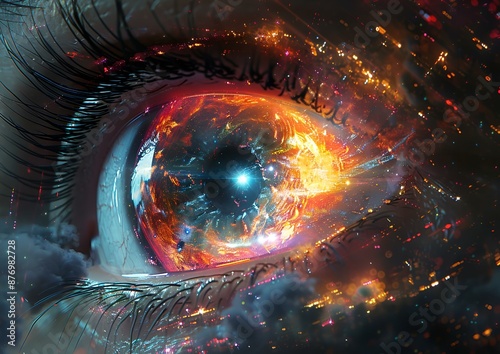  Woman's eye up close, radiating a fiery glow symbolizing .