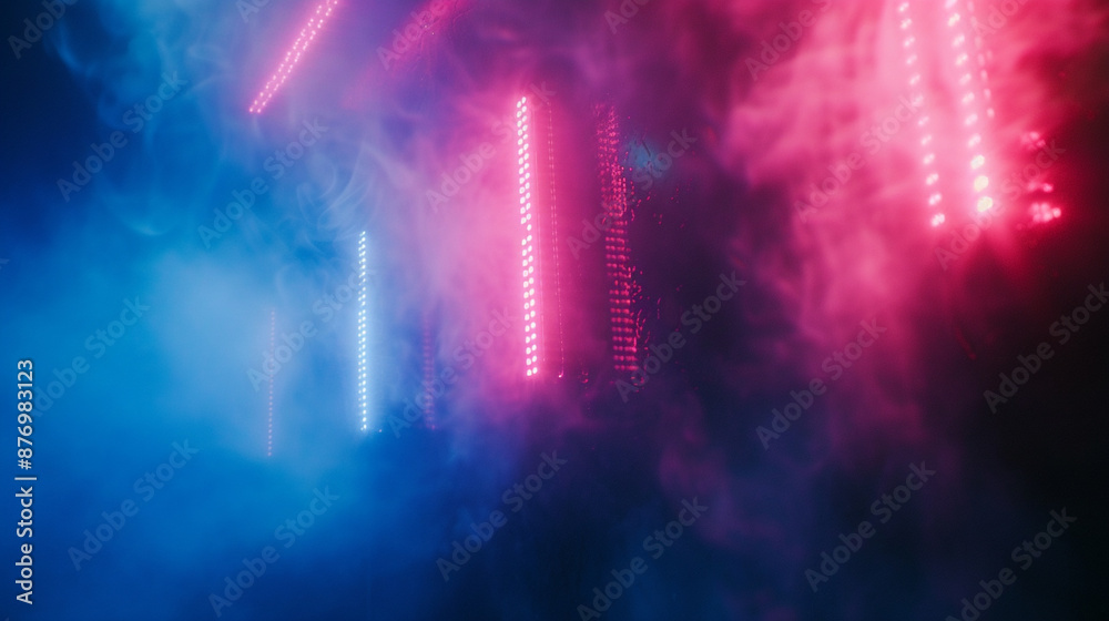 Fototapeta premium Mysterious shadows cast by neon lights against the backdrop of a smog-filled night sky.