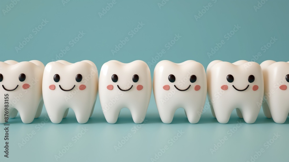 Obraz premium A row of happy smiling healthy teeth on a blue background. Concept of dentistry and healthy teeth 