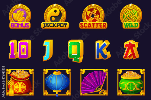 A complete set of symbols for the Chinese slot game. Here are the jackpot, bonus, wild and scatter symbols. Twelve Chinese Icons for Game Development