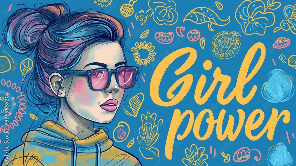 Naklejka premium Illustration of a portrait of a young beautiful woman wearing glasses in bright colors with the words “Girl power” on a blue background. The concept of girl power and feminism. 