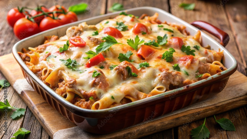 Savory tuna casserole with vibrant tomato cream sauce and melted mozzarella cheese in a warm, golden-brown baking dish interior. Savory tuna casserole with vibrant tomato cream sauce and melted mozzarella cheese in a warm, golden-brown baking dish interior.