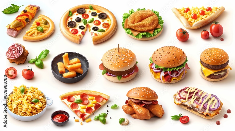 Set of Fast food 3d realistic render vector icon set,Pizza,taco,hamburger, french fries,cola soda,hot dog, popcorn,donut,chicken leg,junk food elements isolated on white background. Set of Fast food 3d realistic render vector icon set,Pizza,taco,hamburger, french fries,cola soda,hot dog, popcorn,donut,chicken leg,junk food elements isolated on white background.