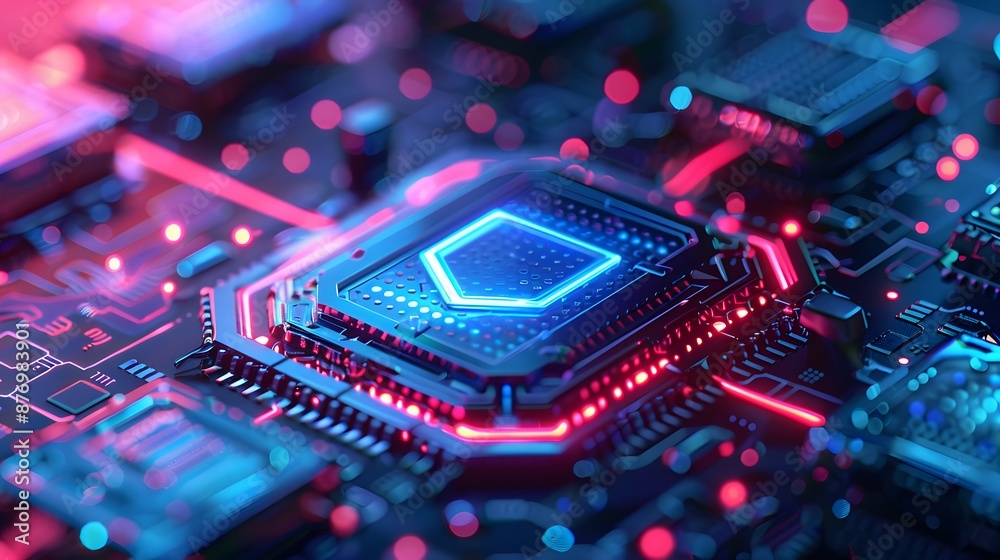 Close-up of a futuristic microchip on a motherboard with glowing lights, representing advanced technology and digital innovation. Close-up of a futuristic microchip on a motherboard with glowing lights, representing advanced technology and digital innovation.
