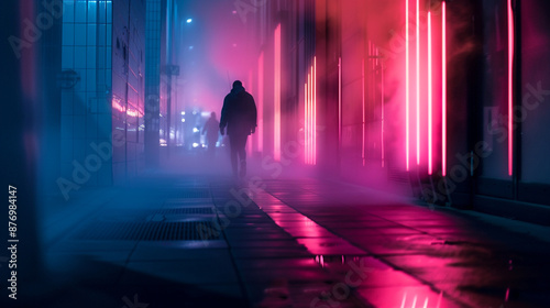 The surreal beauty of neon lights casting long shadows on the misty streets of the city. © Aina Tahir