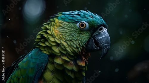a green and blue parrot with a yellow eye and a black beak.