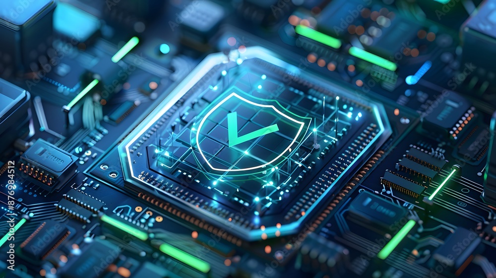 Cybersecurity concept: A glowing shield with a checkmark symbol on a circuit board, representing data protection and digital security. Cybersecurity concept: A glowing shield with a checkmark symbol on a circuit board, representing data protection and digital security.