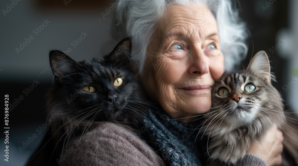 Elderly gray-haired woman in a knitted sweater with her favorite cats near the window Elderly gray-haired woman in a knitted sweater with her favorite cats near the window