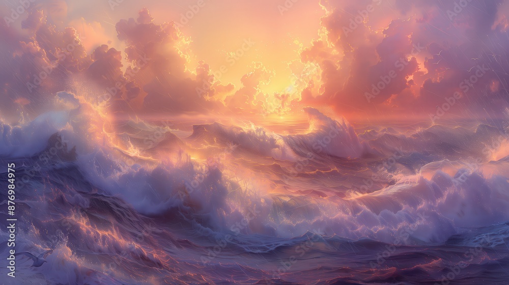 Beautiful sunset over a turbulent ocean with dramatic waves and colorful clouds, creating a serene yet powerful seascape. Beautiful sunset over a turbulent ocean with dramatic waves and colorful clouds, creating a serene yet powerful seascape.