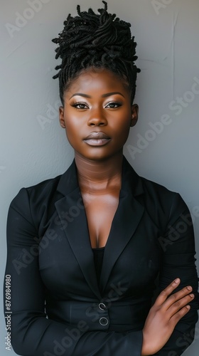 Confident professional woman in black suit with arms crossed, standing against a gray background, showcasing leadership and strength. photo