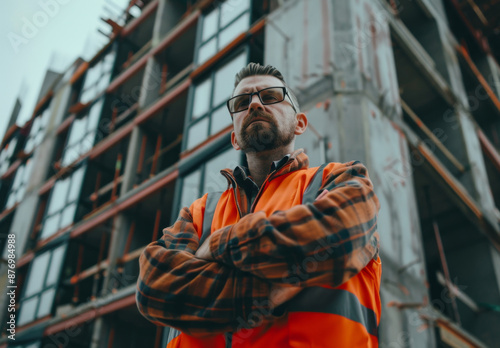 Construction worker in an orange safety vest stands confidently with arms crossed in front of a building under construction