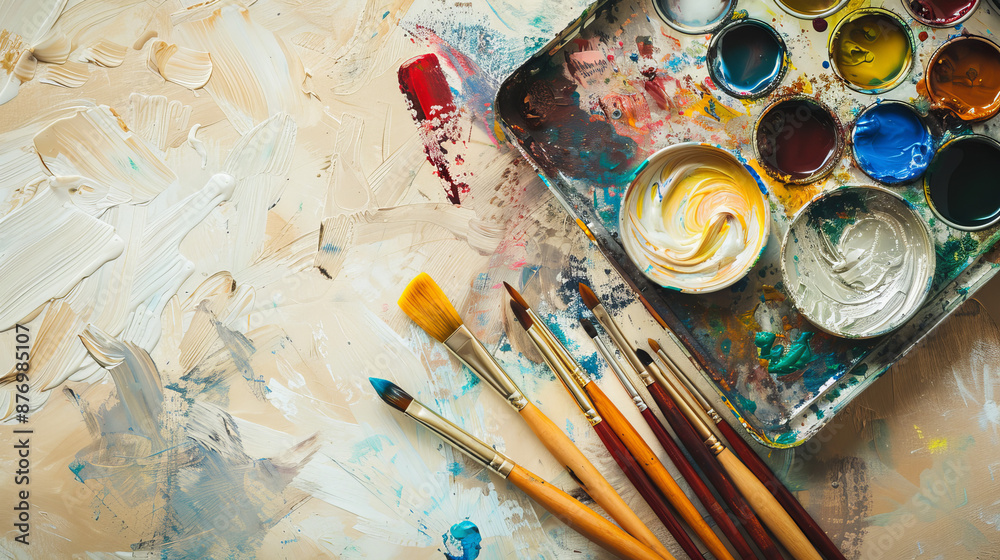 A tray with bright paint and brushes are set on a beige background. A tray with bright paint and brushes are set on a beige background.