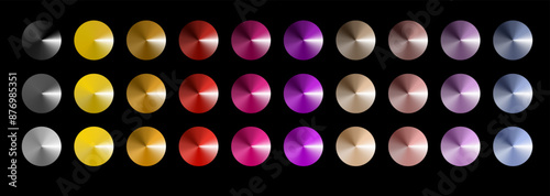 Metal gradient. Multi colored radial gradient set. Collection of shiny foil in rainbow colors palette. Vector