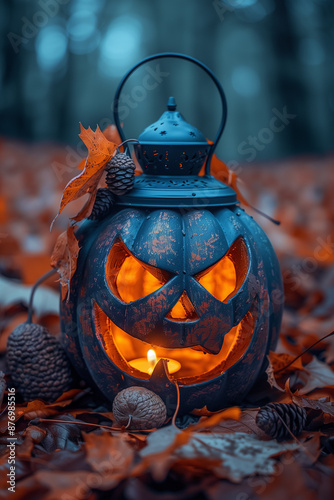 A spooky lantern with a carved pumpkin face, surrounded by fallen leaves and acorns photo