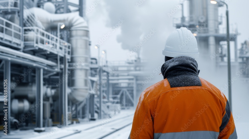 custom made wallpaper toronto digitalMassive industrial plant in a cold setting, engineers in heavy gear inspecting machinery, steam and frost illustrating the harsh working environment