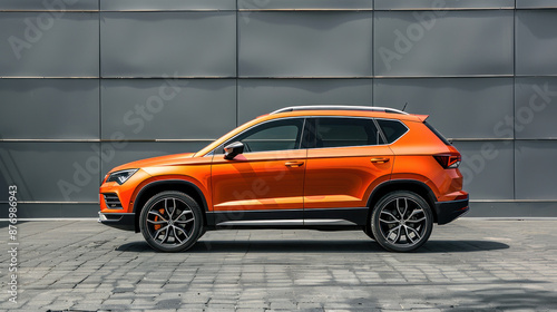 An orange SEAT Ateca crossover is parked in front of a gray wall. It's a compact SUV with a side profile view. The photo was taken in Hodosivka, Ukraine on November 09, 2017. photo